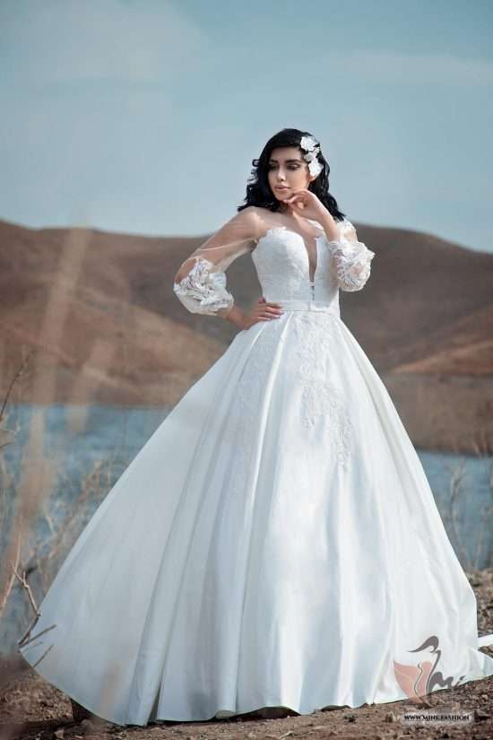 Satin Ball Gown Wedding Dress with Long Sleeves 30028